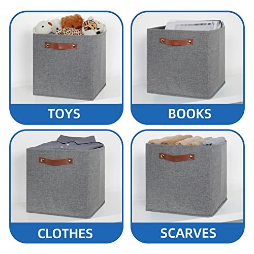 Temary 12x12 Storage Cube Bins 4 Pack Fabric Storage Cubes Storage Bins with Leather Handles, Storage Baskets Foldable Cube Organizers Bins for Home (Grey) - Image 4