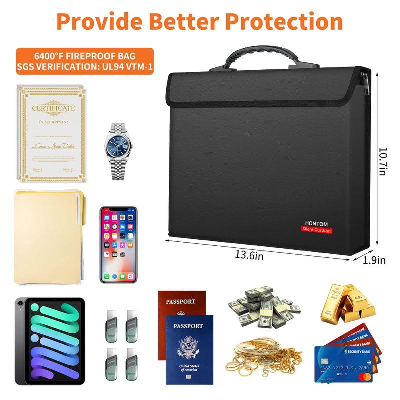 Hontom Fireproof Document Bag with 2 Pockets, 6400â„‰ Upgraded Material Fireproof Money Bag with Lid, Travel Home Fire Safe Storage Cash Pouch for Important Documents - Image 4