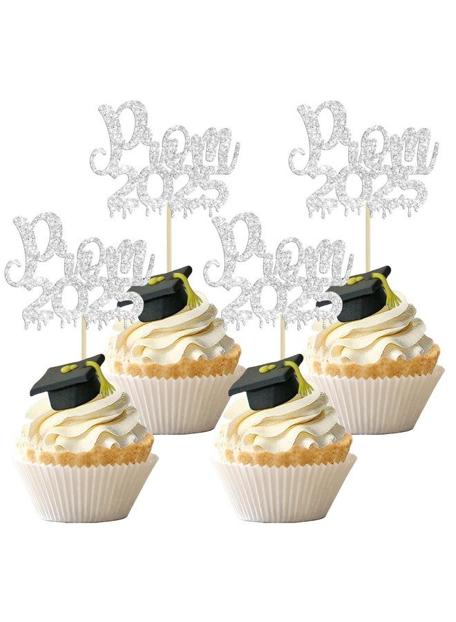 Ephlyn 24Pcs Prom 2025 Cupcake Toppers Glitter Prom 2025 Graduation Cupcake Picks Class of 2025 Cake Decorations for 2025 College Graduation Prom Party Decorations Silver - Image 1