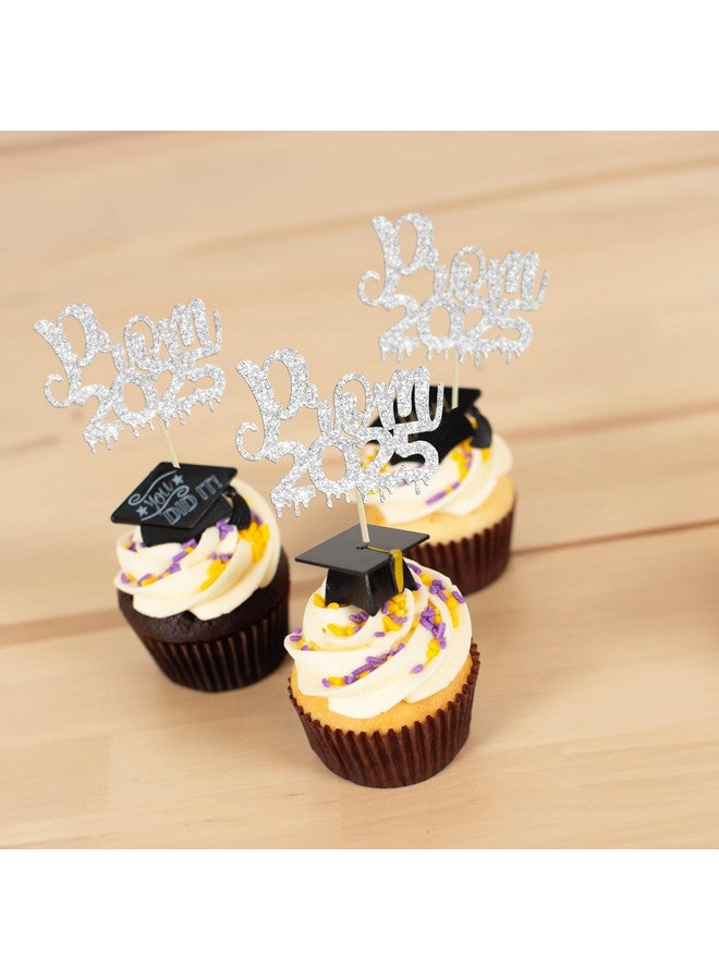 Ephlyn 24Pcs Prom 2025 Cupcake Toppers Glitter Prom 2025 Graduation Cupcake Picks Class of 2025 Cake Decorations for 2025 College Graduation Prom Party Decorations Silver - Image 5