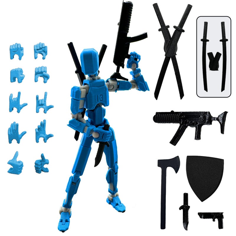QAONIE (Assembly Completed) 3D Printed Figure 5.54-inch Dummy13 with Weapon Expansion Set and Bracket, Full Body Mechanical Movable Toy, Desk Decoration. (Blue) - Image 1