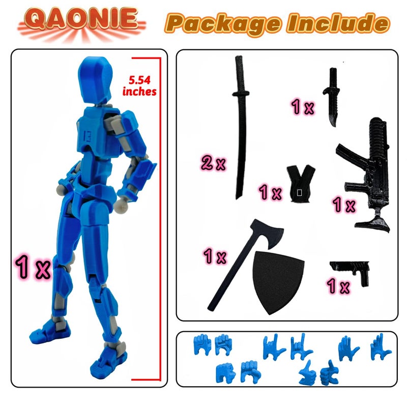 QAONIE (Assembly Completed) 3D Printed Figure 5.54-inch Dummy13 with Weapon Expansion Set and Bracket, Full Body Mechanical Movable Toy, Desk Decoration. (Blue) - Image 5