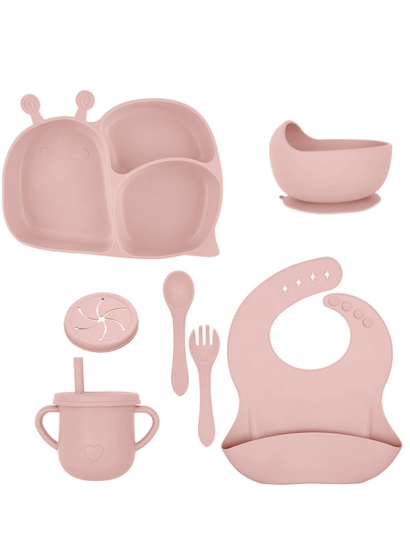 7PCS Baby Cutlery Sets, High Quality Food Grade Silicone Baby Feeding Set, Non-slip Children Feeding Tableware Dishes Kids Gift(Contains Suction plate + Silicone fork + Silicone spoon + suction bowl + bib + cup + two cup lids) Pink - Image 1