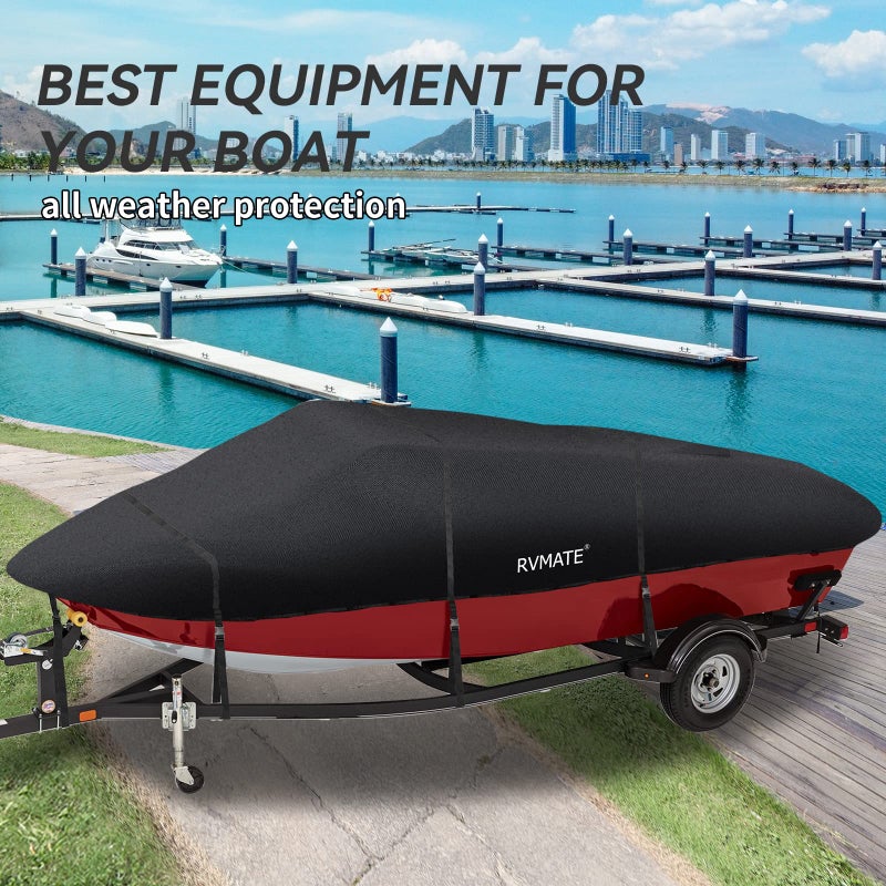Rvmate 14-16Ft Boat Cover, 210D Marine Grade Polyester, Fits V-Hull, Tri-Hull, Fishing Boat, Runabout, Length:14-16, Beam Width:75   , Black - Image 2