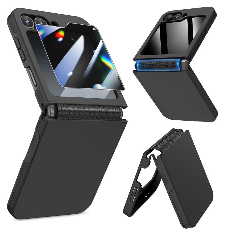 Caka for Samsung Galaxy Z Flip 6 /Z Flip 5 Case [Wireless Charging Compatible][Hinge Protection] [Screen Protector] Women Men Shockproof Protection Phone Cover - Privacy Black - Image 1