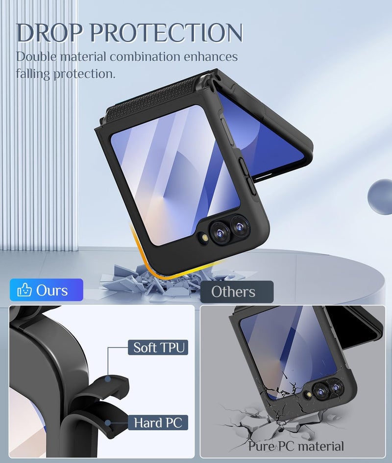 Caka for Samsung Galaxy Z Flip 6 /Z Flip 5 Case [Wireless Charging Compatible][Hinge Protection] [Screen Protector] Women Men Shockproof Protection Phone Cover - Privacy Black - Image 3