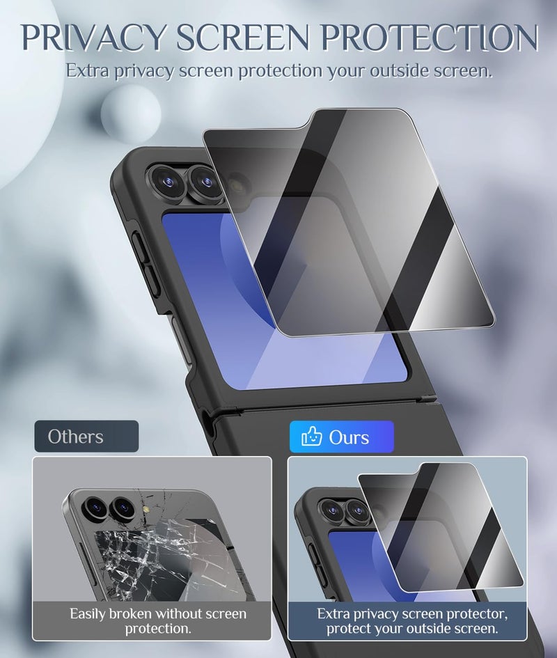 Caka for Samsung Galaxy Z Flip 6 /Z Flip 5 Case [Wireless Charging Compatible][Hinge Protection] [Screen Protector] Women Men Shockproof Protection Phone Cover - Privacy Black - Image 2