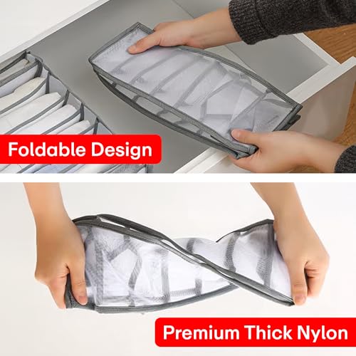 PRIME PICK Flexi Grid Wardrobe Organizer Foldable Mesh Drawer Storage Box 7 Compartment Breathable Washable Clothes Divider for Jeans T Shirt Pants Closet Storage Container Grey Pack of 2 - Image 4
