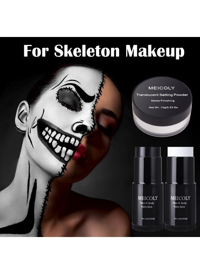 MEICOLY MEICOLY Black White Face Body Paint Stick Set with Sponges and Setting Powder,Face Paint Stick for Adults and Kids,Clown White Makeup,Face Painting for Halloween SFX Skull Zombie Skeleton Goth Makeup  - Image 2