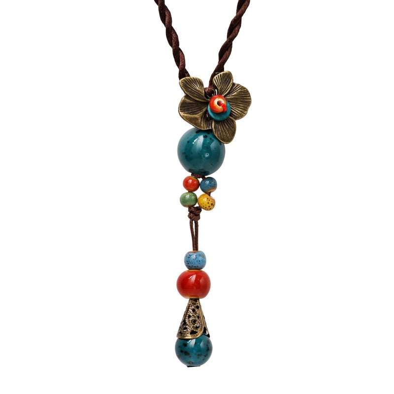 MINACHI Vintage Bohemian Colorful Ceramic Bead Antique Flower Y Necklace, Vintage Boho Hippie Statement Jewelry Gift for Women (1) - Image 1