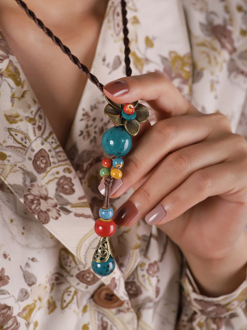 MINACHI Vintage Bohemian Colorful Ceramic Bead Antique Flower Y Necklace, Vintage Boho Hippie Statement Jewelry Gift for Women (1) - Image 5