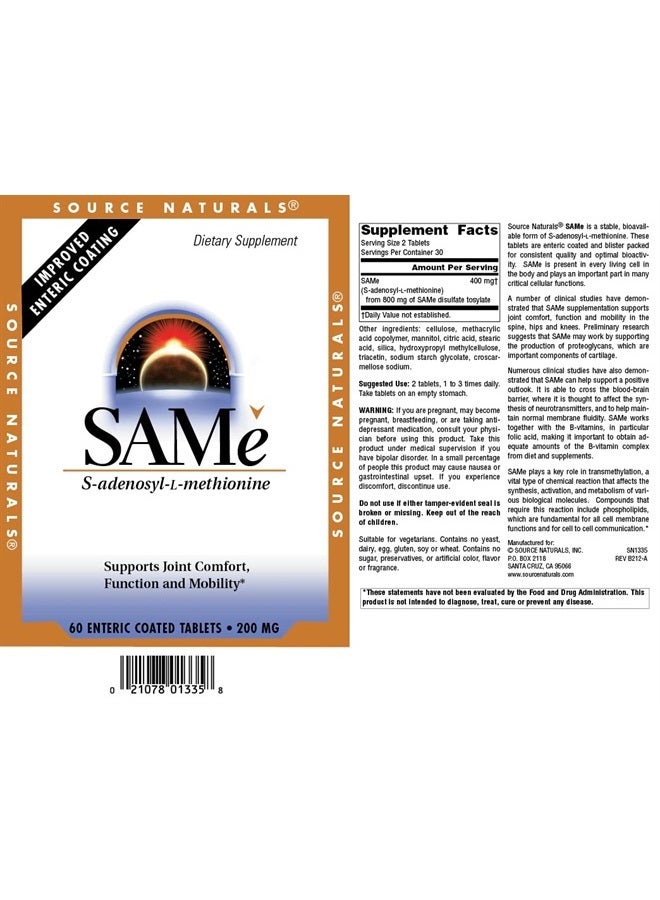Source Naturals SAMe, Supports Joint Comfort, 200mg - 60 Enteric Coated Tablets - Image 3