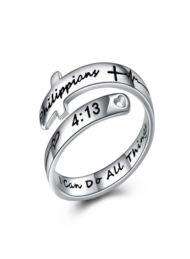 POPLYKE I Can Do All Things Cross Rings Sterling Silver Faith Adjustable Wrap Rings for Women Teens Inspirational Jewelry Gifts (2-I can do all things) - Image 1