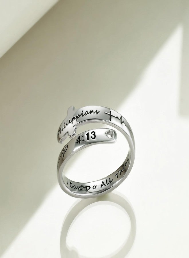 POPLYKE I Can Do All Things Cross Rings Sterling Silver Faith Adjustable Wrap Rings for Women Teens Inspirational Jewelry Gifts (2-I can do all things) - Image 3