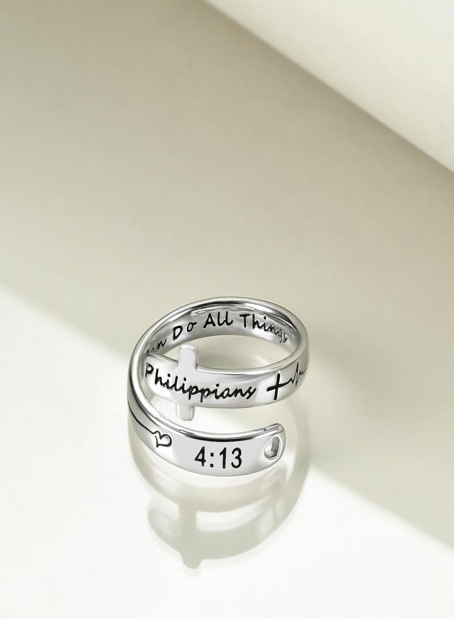 POPLYKE I Can Do All Things Cross Rings Sterling Silver Faith Adjustable Wrap Rings for Women Teens Inspirational Jewelry Gifts (2-I can do all things) - Image 2