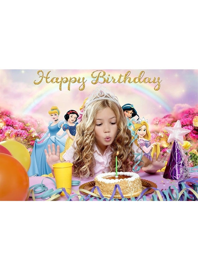 Princess Happy Birthday Backdrop Colorful Rainbow Flowers Photo Backdrop Fairy Tale Little Girl Princess Birthday Party Background Multicolor Glitter Photography Background 5x3ft