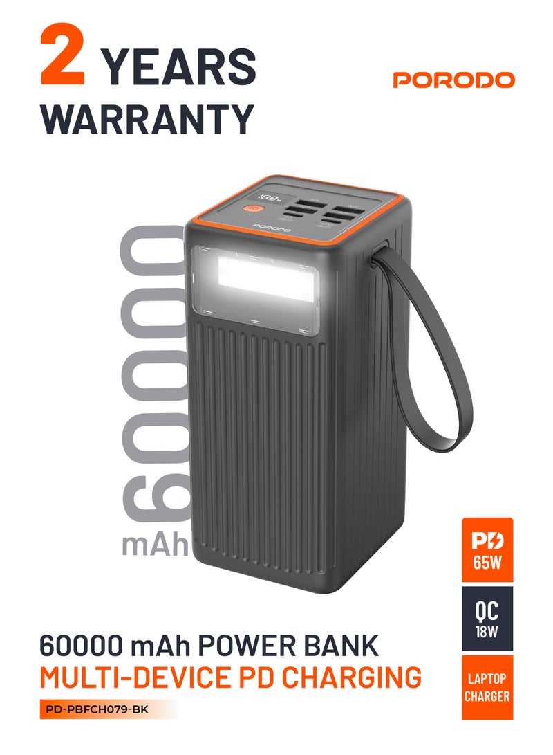 بورودو بنك طاقة بسعة 60000 مللي أمبير لشحن متعدد الأجهزة مع مصباح LED، بنك طاقة شحن سريع PD 65 واط بسعة 60000 مللي أمبير، بنك طاقة للكمبيوتر المحمول، منافذ USB-C وUSB-A، بطارية عالية السعة للاستخدام في الهواء الطلق والتخييم - باللون الأسود. - Image 1