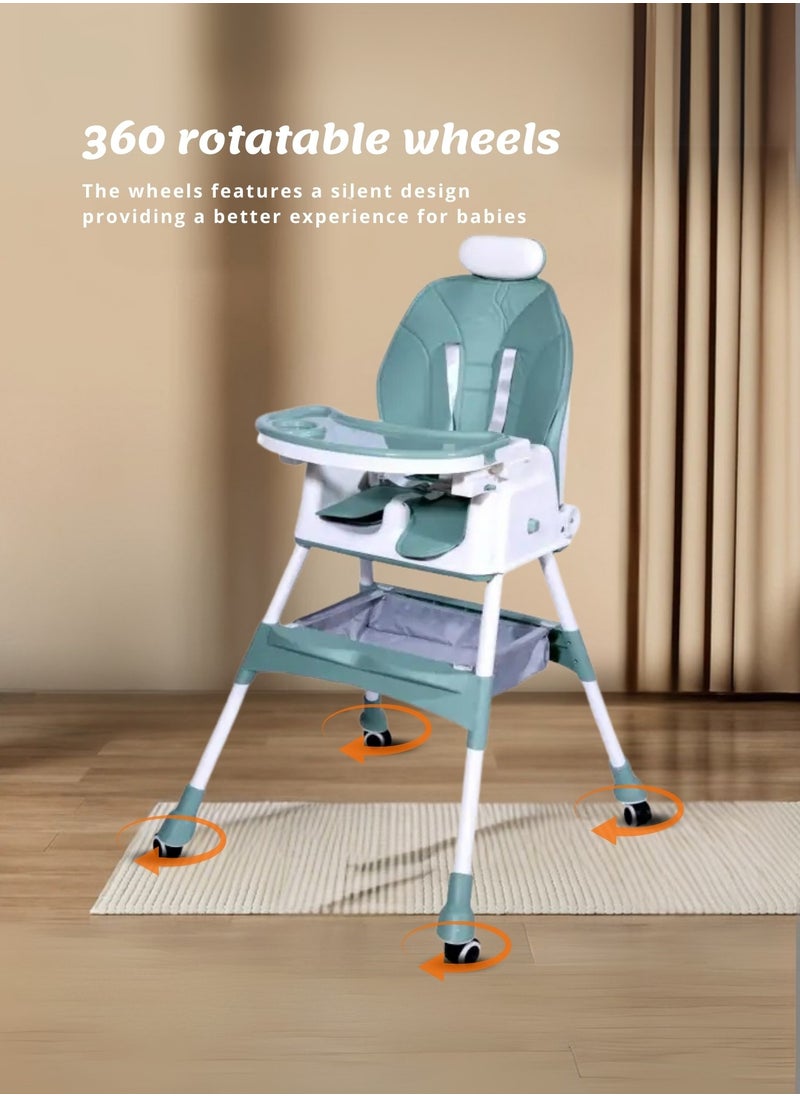 Moms Magic Baby High Chair – 2-in-1 High & Low Chair, Adjustable Tray, 5-Point Seat Belt, 2-Position Backrest, Removable Basket, Easy Folding  - Image 4