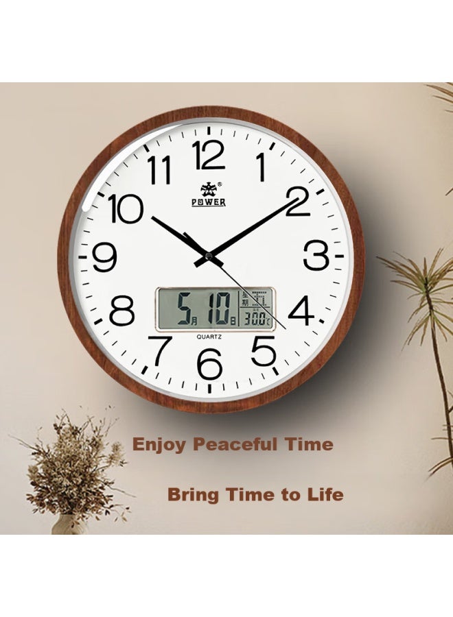 Power Calendar Wall Clock, Simple Living Room Design, Quartz Movement, No Drilling Required, 25cm Wood Grain Color Bw240517j1