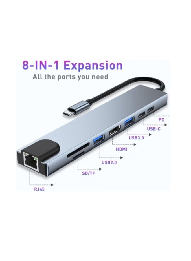 Terabyte USB C Hub, 8 in 1 Type C Hub Multiport Adapter with 4K HDMI, PD Power Delivery, USB-C, Ethernet, 2 USB, SD/TF Card Reader Compatible with Mac Book Pro XPS and More Type C Devices - Image 1