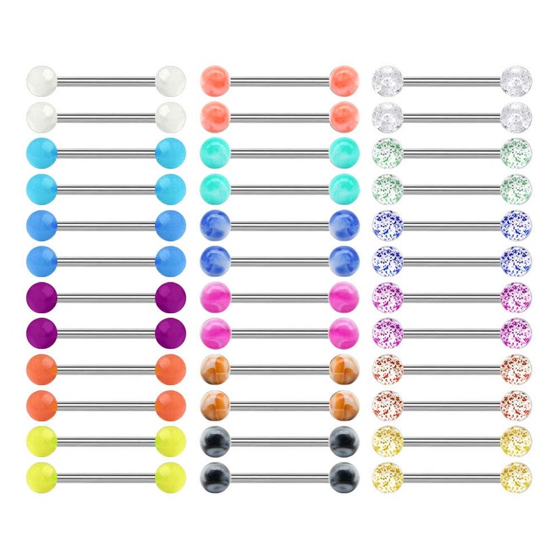 Mayhoop 14G 36Pcs Stainless Steel Nipple Rings Tongue Rings Straight Barbell Bars Piercing 16mm in Length For Women Men - Image 1