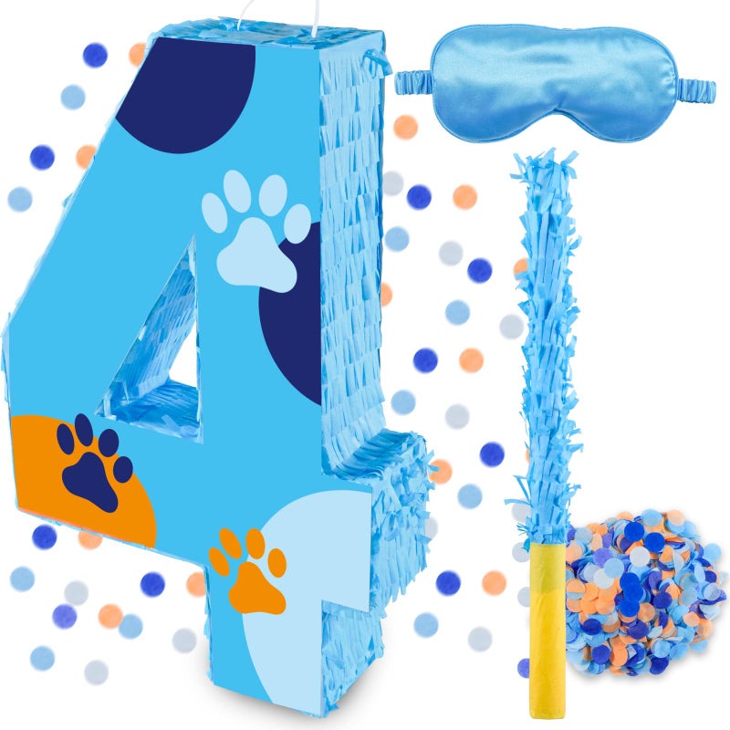 RUISUER 16 Inch Number 4 Dog Paw Pinata with 16 Inch PiÃ±ata Stick Blindfold Confetti for Boy Girl Kids 4th Birthday Party Decorations (4th) - Image 1