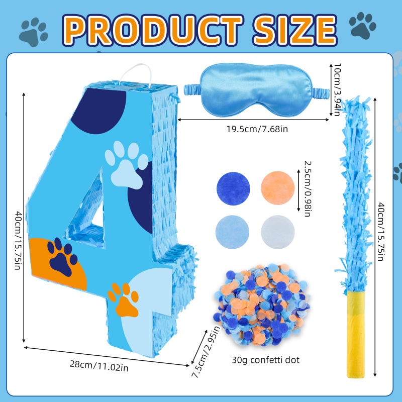 RUISUER 16 Inch Number 4 Dog Paw Pinata with 16 Inch PiÃ±ata Stick Blindfold Confetti for Boy Girl Kids 4th Birthday Party Decorations (4th) - Image 2