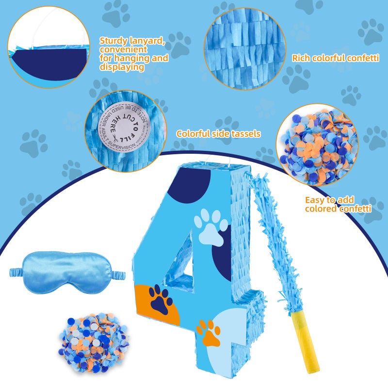 RUISUER 16 Inch Number 4 Dog Paw Pinata with 16 Inch PiÃ±ata Stick Blindfold Confetti for Boy Girl Kids 4th Birthday Party Decorations (4th) - Image 3
