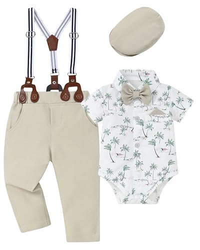 WESIDOM Baby Boy Clothes Suit 0-24M Infant Gentleman Wedding Outfit, Shirt+Bowtie+Beret+Suspender Pants Clothing Set - Image 1