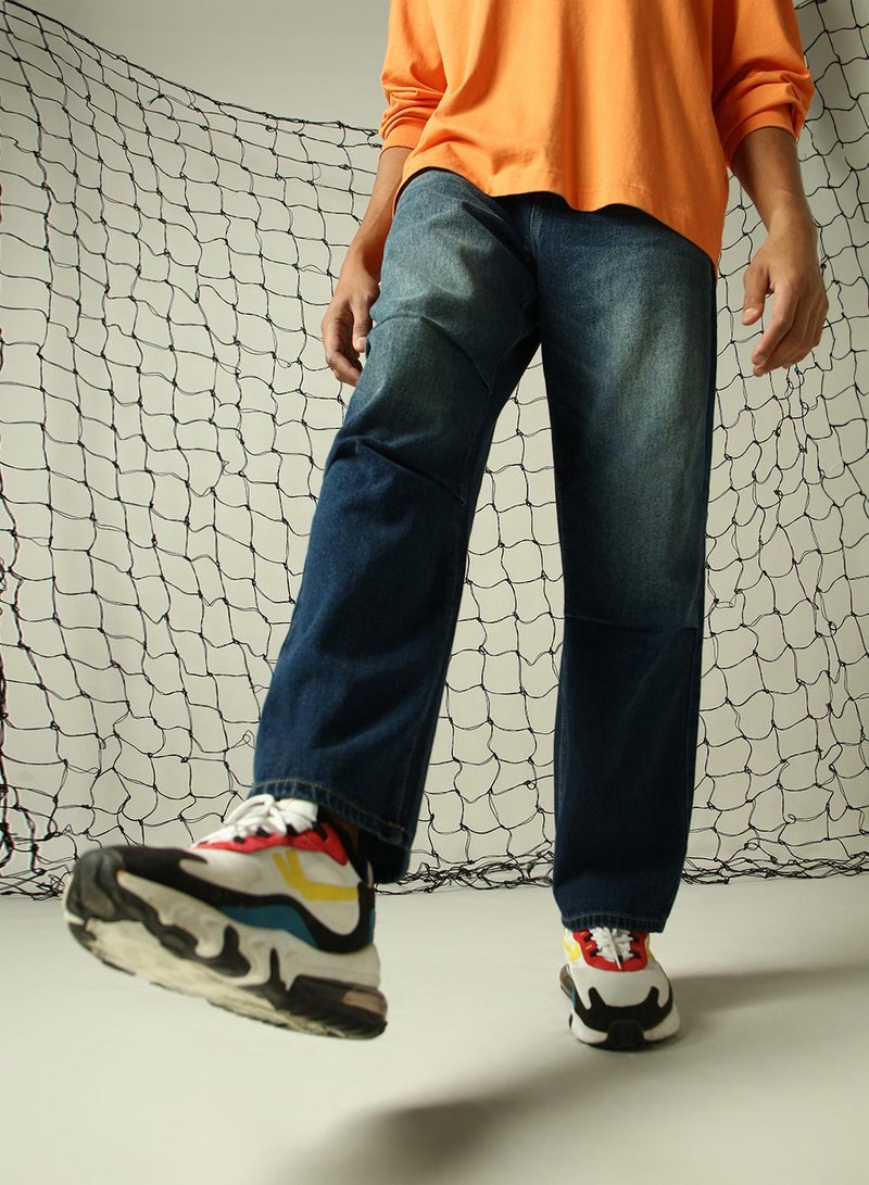 Hubberholme Men's Indigo 100% Cotton Distressed Full Length Loose Fit Jeans - Image 2