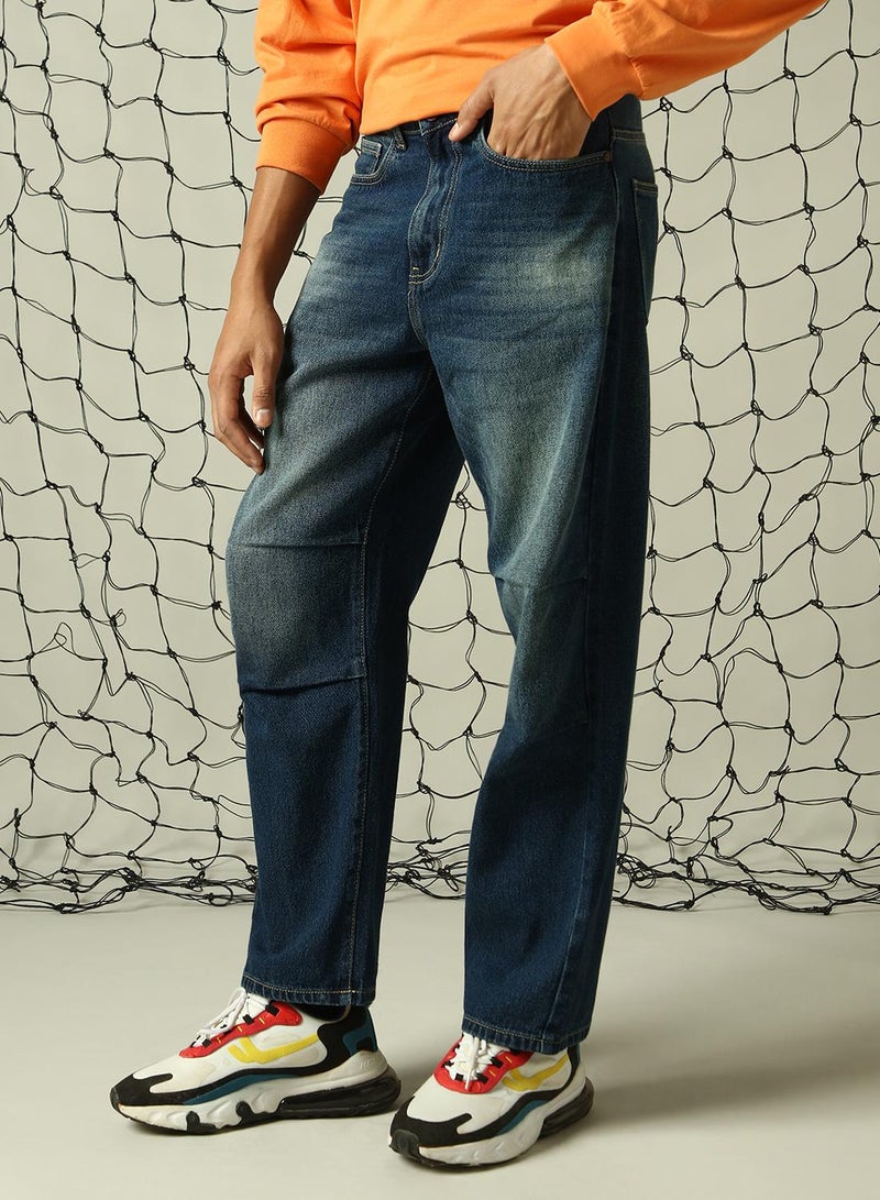 Hubberholme Men's Indigo 100% Cotton Distressed Full Length Loose Fit Jeans - Image 1