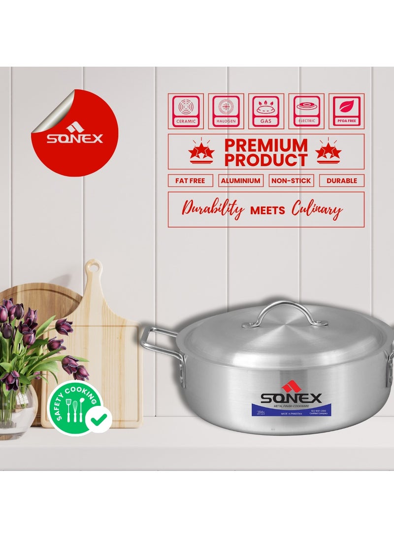 SONEX Sonex Fish Pot No. 4 (31 cm & 8 Ltr), Shallow Cooking Pot With Lid, Premium Aluminum,Excellent Heat Distribution, Ergonomic Handles, Dishwasher Safe, Metal Finish, Silver  - Image 5
