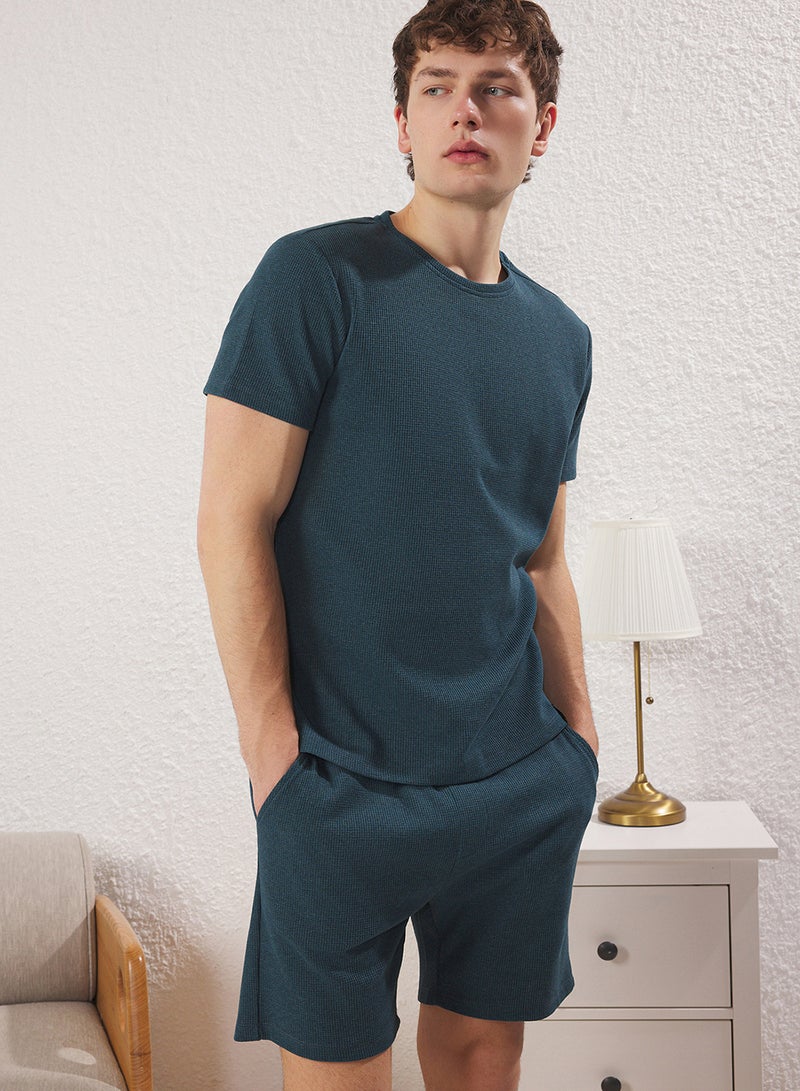 trendyol Petrol Regular Fit Waffle Knitted Shorts Thick Pajama Set Tmnss23Pt00036 - Image 2