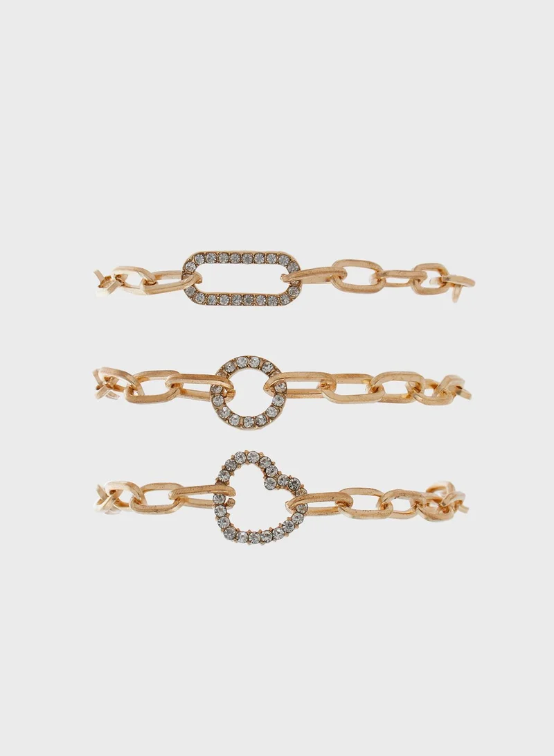 Ginger Pack Of 3 Diamante Charm Chain Bracelets