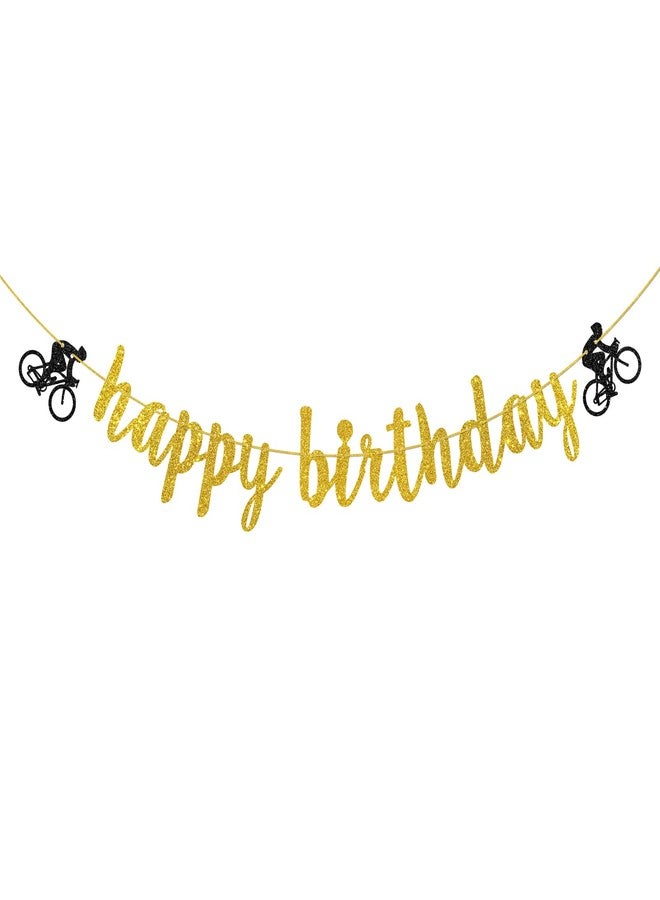 Helewilk Gold Glitter Bicycle Happy Birthday Banner, Bike Sports Theme Garland for Boy Men Birthday Party Decoration, Bicycle Party Bunting Banner - Image 1