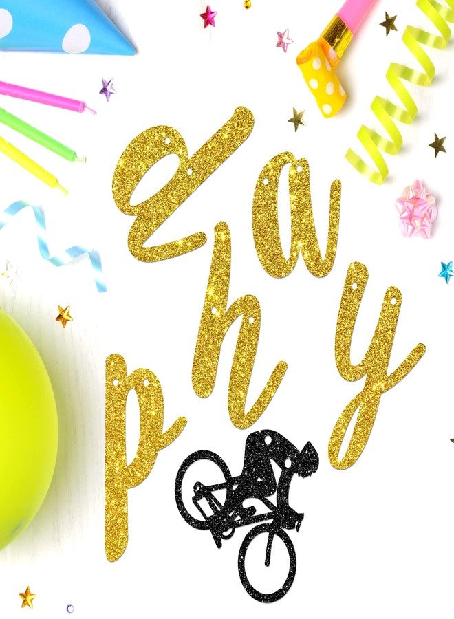 Helewilk Gold Glitter Bicycle Happy Birthday Banner, Bike Sports Theme Garland for Boy Men Birthday Party Decoration, Bicycle Party Bunting Banner - Image 3