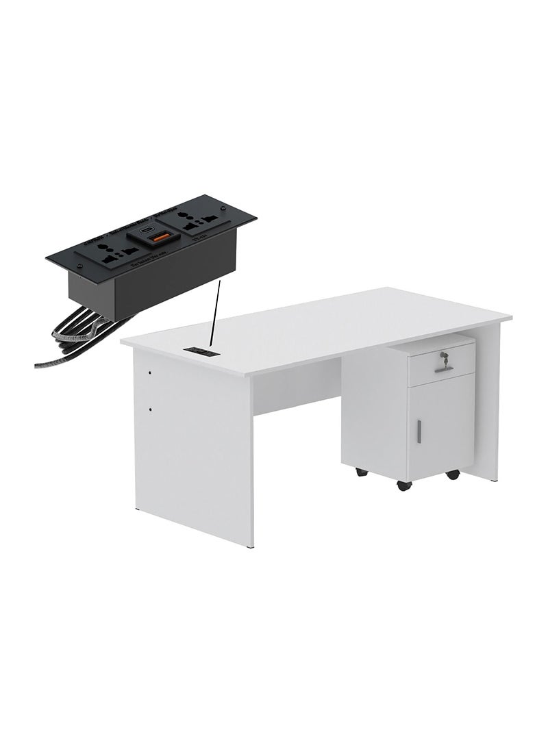 Mahmayi Mahmayi MP1 160x80 Writing Table with Drawers - White with Black BS01 Desktop Socket with USB AC Port for Office, Home, and Meeting Room 17 cm - Image 1