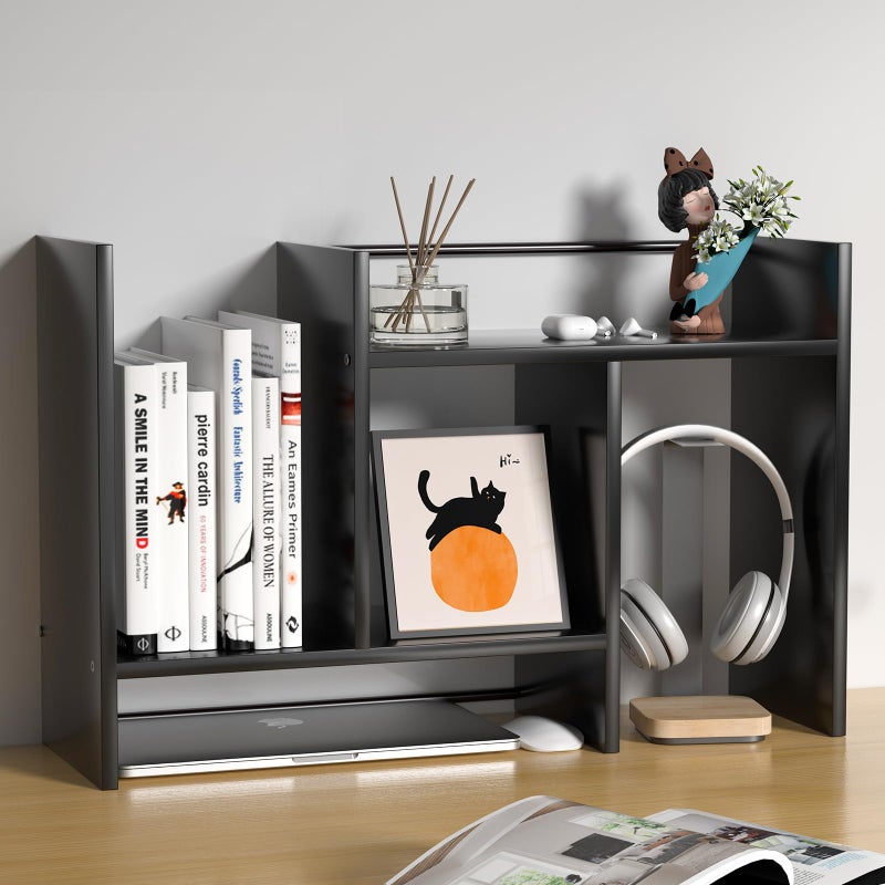 FNBAR Desk Shelves Wood Desktop Orgnizer Shelf.Office Organization for Top of Desk Organizers and Accessories Bookshelf Shelving,Adjustable Tier H-Shape Mini Bookcase(Black) - Image 1