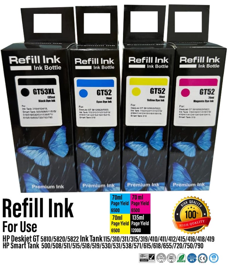 Refill GT52 GT53 series Refill Ink Compatible for HP GT Series 310 315 319 410 415 419 5810 5820 5821 1 Black Bottle in 135 ml and 3 Colour 70 ml Bottles. - Image 1
