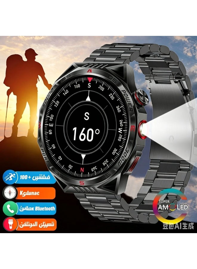 ساعة ذكية عسكرية للرجال، 1.85 بوصة AMOLED لتعقب اللياقة البدنية مع IP68، مصباح يدوي، ليزر، معدل ضربات القلب، SpO2، أكثر من 100 وضع رياضي، متوافقة مع أندرويد وآيفون - Image 1