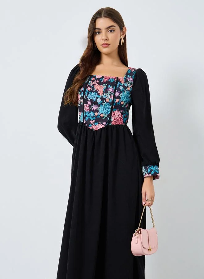 Take Two Floral Printed Square Neck Balloon Sleeve Midi Dress