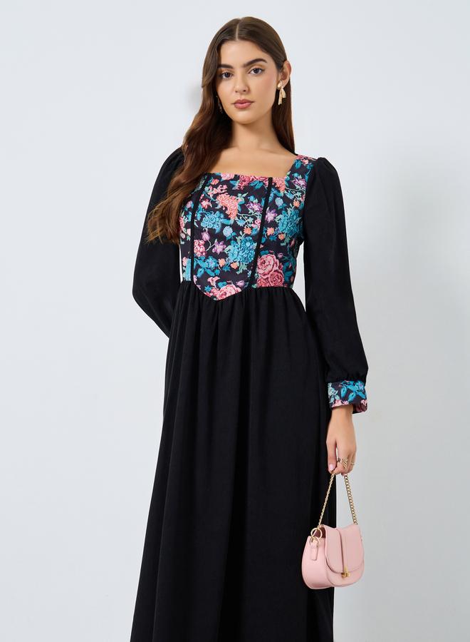 Take Two Floral Printed Square Neck Balloon Sleeve Midi Dress - Image 2