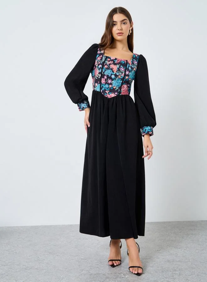 Take Two Floral Printed Square Neck Balloon Sleeve Midi Dress