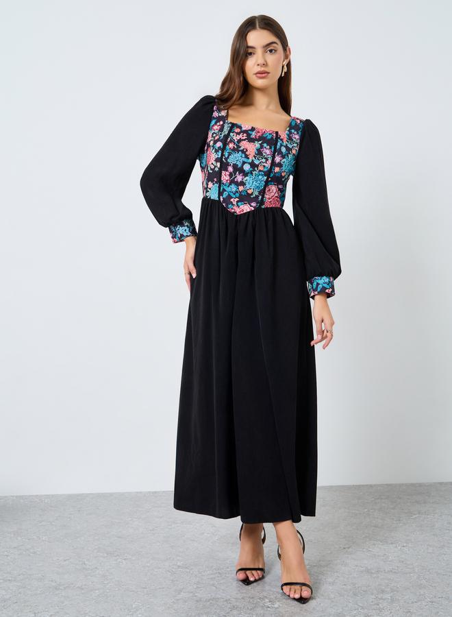Take Two Floral Printed Square Neck Balloon Sleeve Midi Dress - Image 1