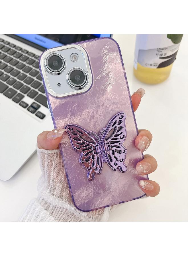 S-TOP Case For iPhone 14 Plating Glitter Texture Butterfly Holder TPU Phone Case with Lens Film - Image 1