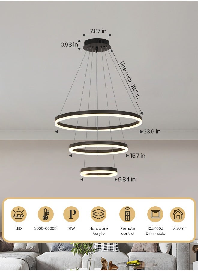 YATAI LIGHTING Modern Black Round LED Chandelier, Adjustable Height & Light, Remote Control, 68W, 3000K-6000K, Dimmable Ceiling Light for Dining Room, Living Room, Hall - Aluminum & Acrylic, 15-20m Coverage  - Image 5