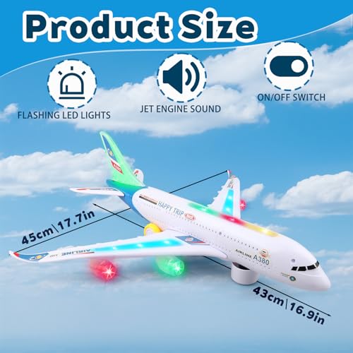 AtomDream Tech Bump and Go Airplane Toy Realistic Airplane Model with 4D Lights Sound Moving Plane Toy for Kids Ages 312 Automatic Direction Change on Collision Great Gift for KidsBlue - Image 5