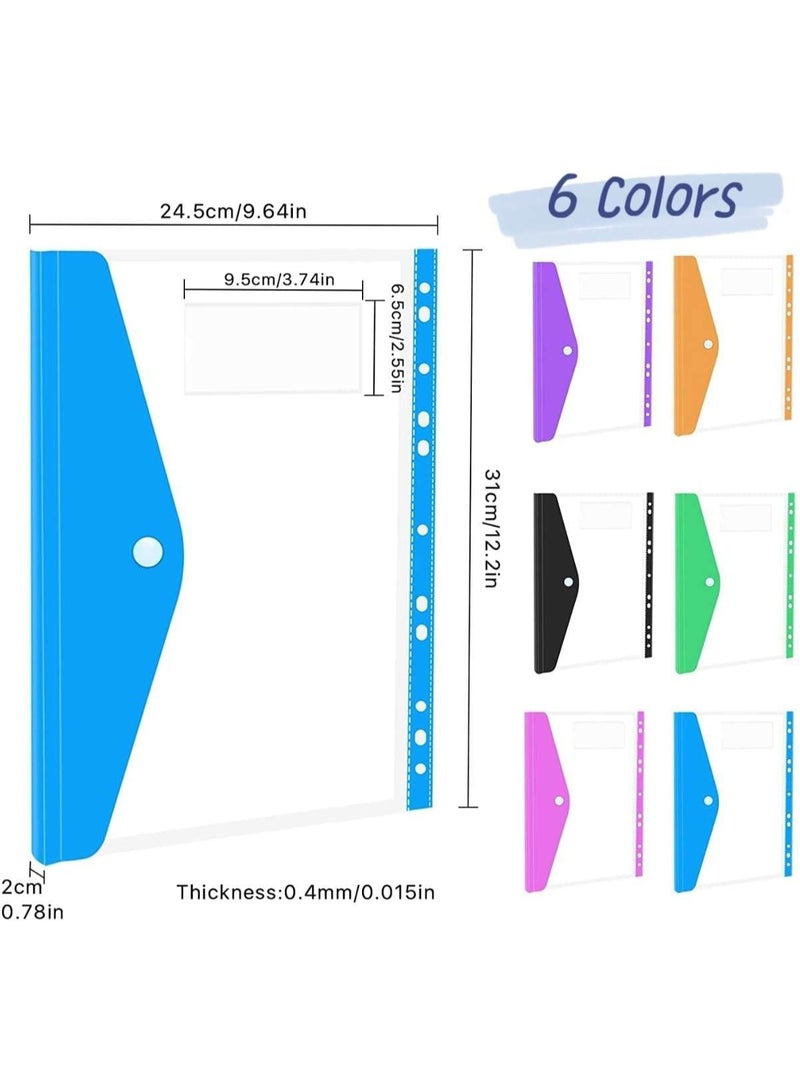 NIIMBOT 12 Pack Letter Size Binder Pocket, Plastic File Folders for 3 Ring, 11 Holes Clear Poly Envelope with Snap Button Closure, for School Office Supplies, 6 Colors(Vertical-Opening) - Image 2