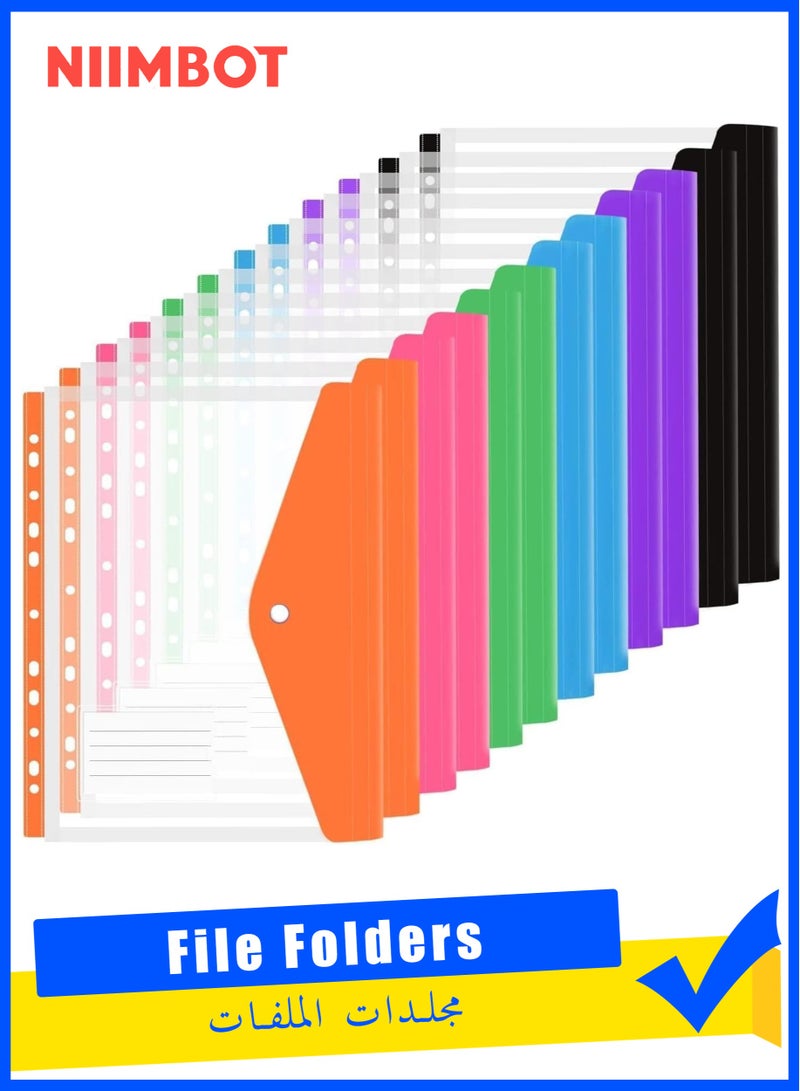 NIIMBOT 12 Pack Letter Size Binder Pocket, Plastic File Folders for 3 Ring, 11 Holes Clear Poly Envelope with Snap Button Closure, for School Office Supplies, 6 Colors(Vertical-Opening) - Image 1