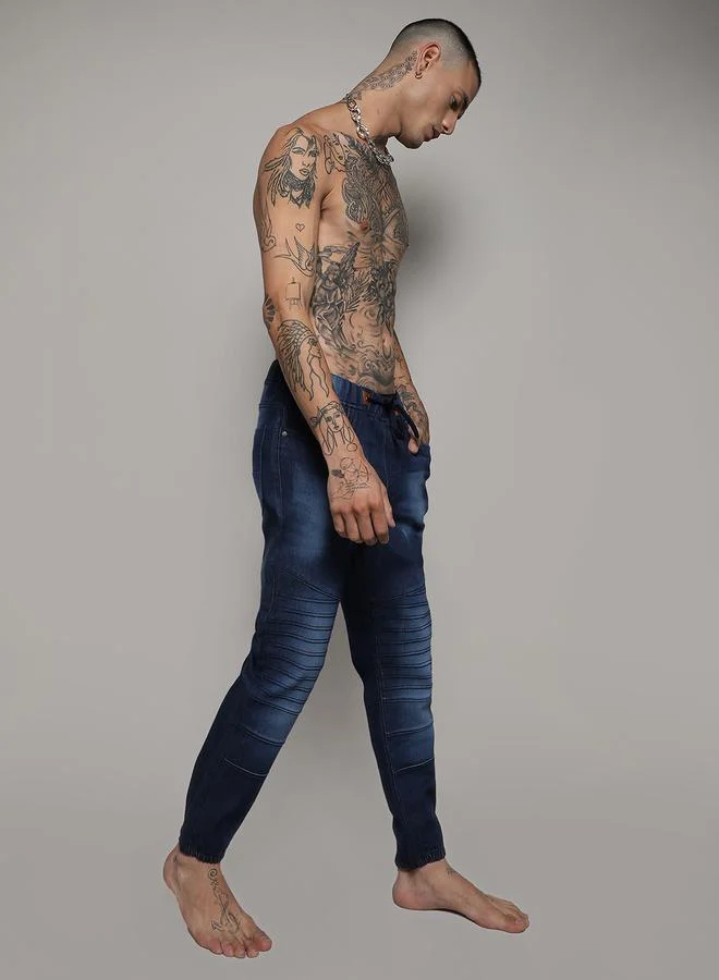Campus Sutra Cinched Hem Textured Jeans with Drawstring by Styli